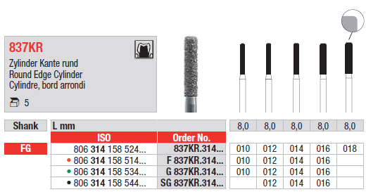 DIAMOND BUR FG ROUND EDGE CYLINDER 837 1 pcs EDENTA