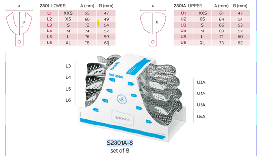 IMPRESSION TRAY METAL 4 SETS L3/L4/L5/L6/U3A/U4A/U5A/U6A 8pcs