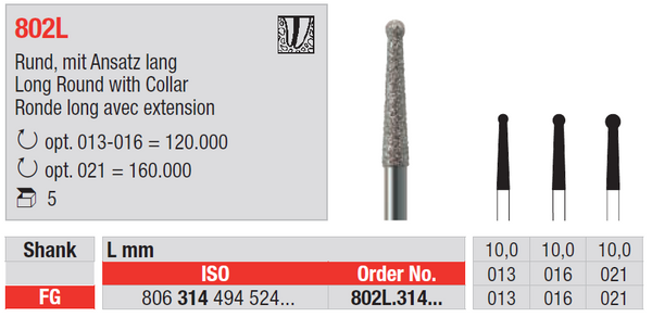 DIAMOND BUR FG ROUND WITH COLLAR LONG 802L 1 pcs EDENTA