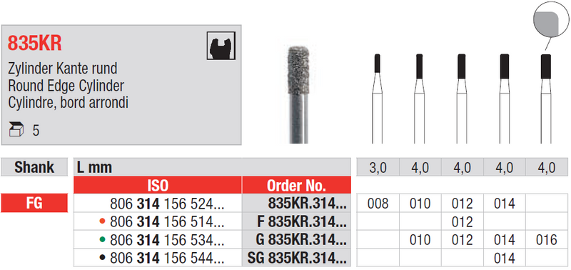 DIAMOND BUR FG ROUND EDGE CYLINDER 835 1 pcs EDENTA