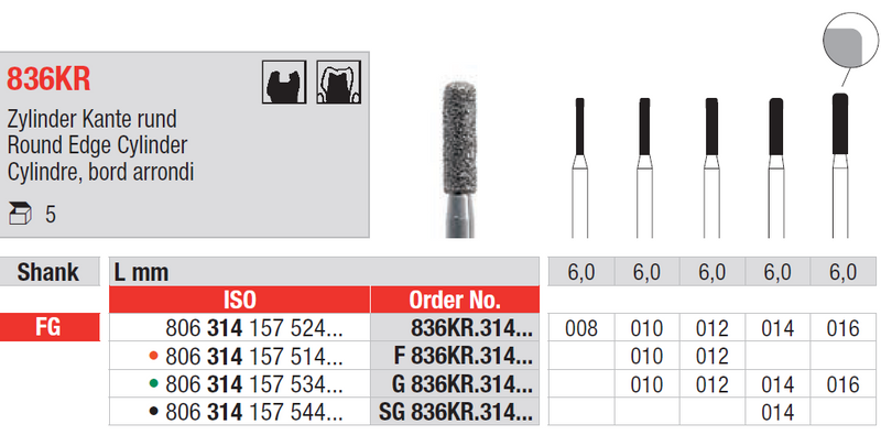 DIAMOND BUR FG ROUND EDGE CYLINDER 836 1 pcs EDENTA