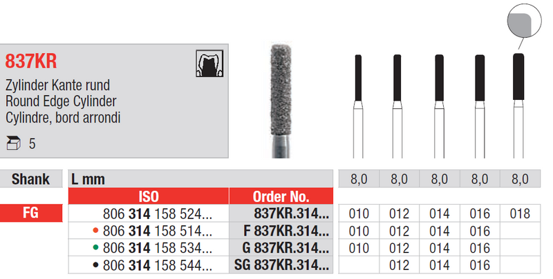 DIAMOND BUR FG ROUND EDGE CYLINDER 837 1 pcs EDENTA