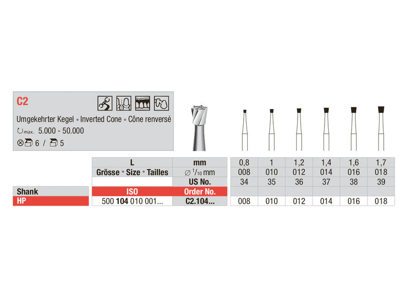 TUNGSTEN CARBIDE BUR HP C2 PLAIN CUT INVERTED CONE EDENTA