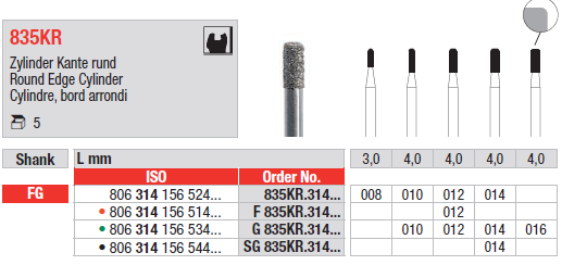 DIAMOND BUR FG ROUND EDGE CYLINDER 835 1 pcs EDENTA