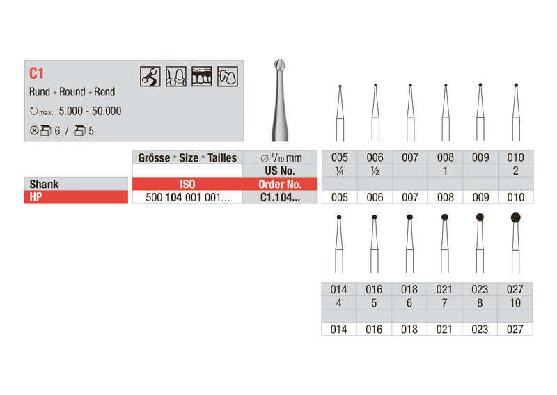 TUNGSTEN CARBIDE BUR HP C1 PLAIN CUT ROUND EDENTA