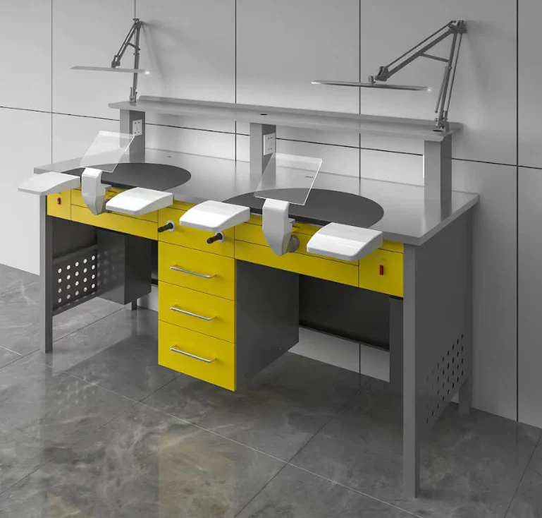 DENTAL LAB WORK BENCH DOUBLE SEATER STAINLESS STEEL TOPS