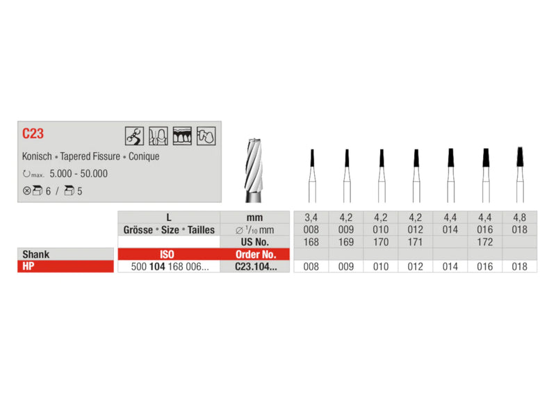 TUNGSTEN CARBIDE BUR HP C23 PLAIN CUT TAPER FISSURE EDENTA