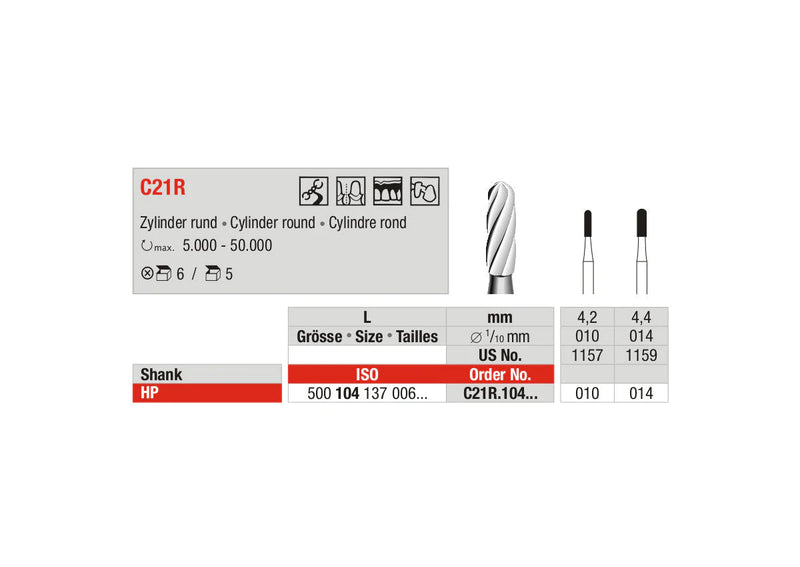 TUNGSTEN CARBIDE BUR HP C21R PLAIN CUT ROUND END CYLINDER EDENTA