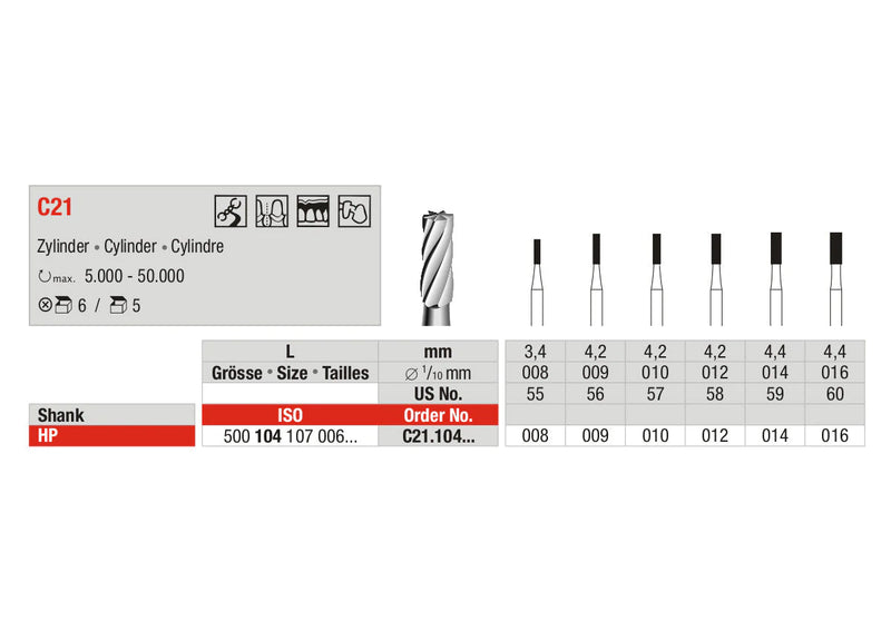 TUNGSTEN CARBIDE BUR HP C21 PLAIN CUT FLAT END CYLINDER EDENTA