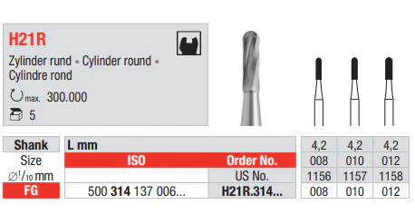 CARBIDE BUR FG CYLINDER ROUND H21R 1 pcs EDENTA