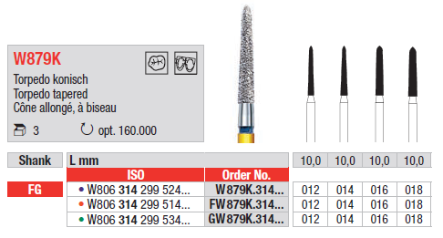 CARBIDE BUR FG TORPEDO TAPERED 879K 1 pcs EDENTA