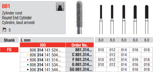 DIAMOND BUR FG ROUND END CYLINDER 881 1 pcs EDENTA