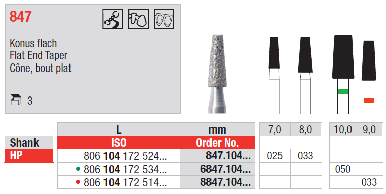 DIAMOND BUR HP D847 FLAT END TAPER EDENTA