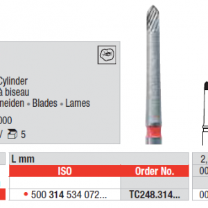 BUR FG CARBIDE TC283K 0.9 TORPEDO CYLINDER 1pcs EDENTA