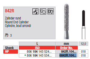 BUR HP D684R 1.8 ROUND END CYLINDER 1pcs